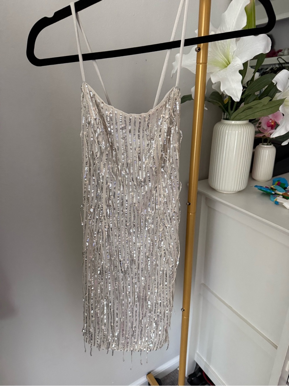 Joules Sequin Fringe Mini Dress in Cream and Silver